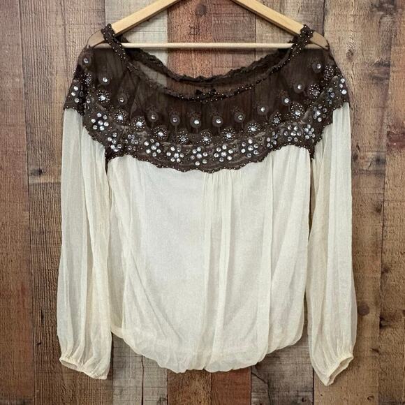 Ryu Collection Blouse Cream & Brown Lace Off the Shoulder Top Women’s Sz L NWT - Picture 1 of 11